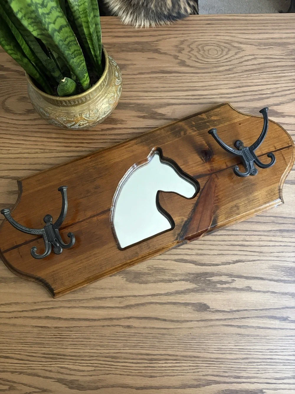 Vintage 1990s Equestrian Wall Hooks Wood Horse Mirror with Coat Hooks